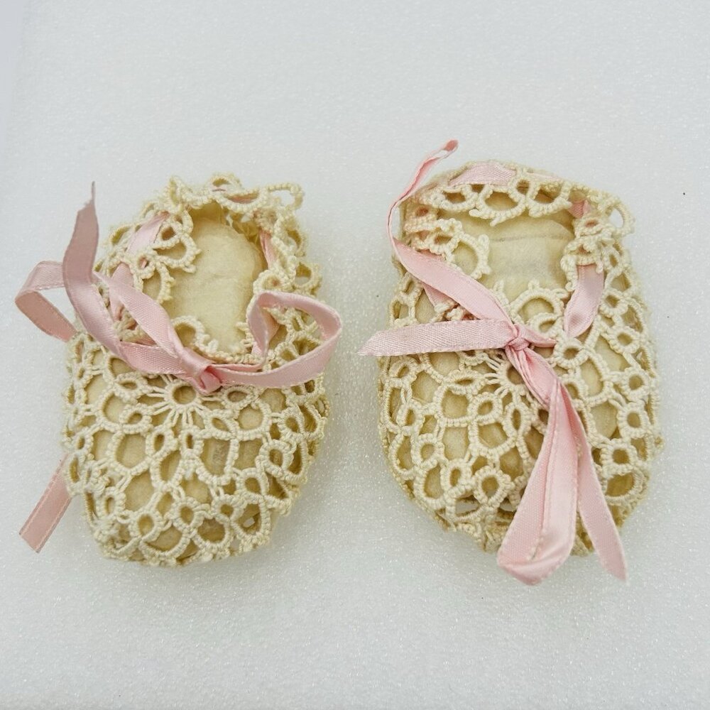 Vintage 1920's Ivory Crochet Baby Shoes Pink Satin Ribbon